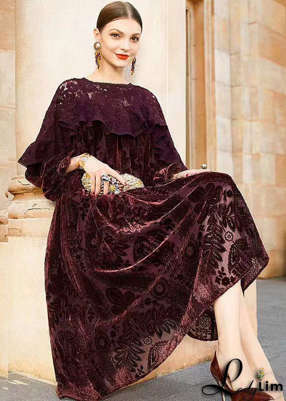 Classy Dull Red Lace Jacquard Patchwork Silk Velour Dresses Fall