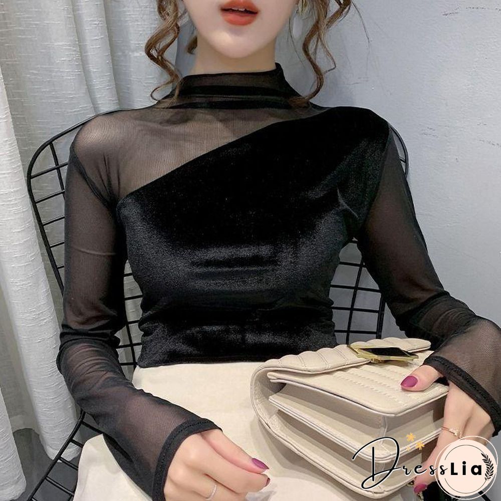Sexy Mesh Joint Velvet Shirt