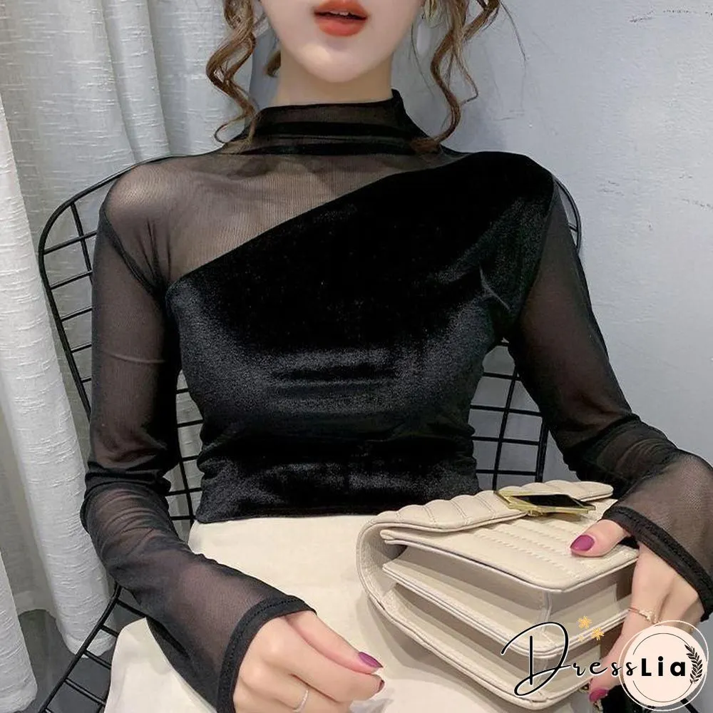 Sexy Mesh Joint Velvet Shirt