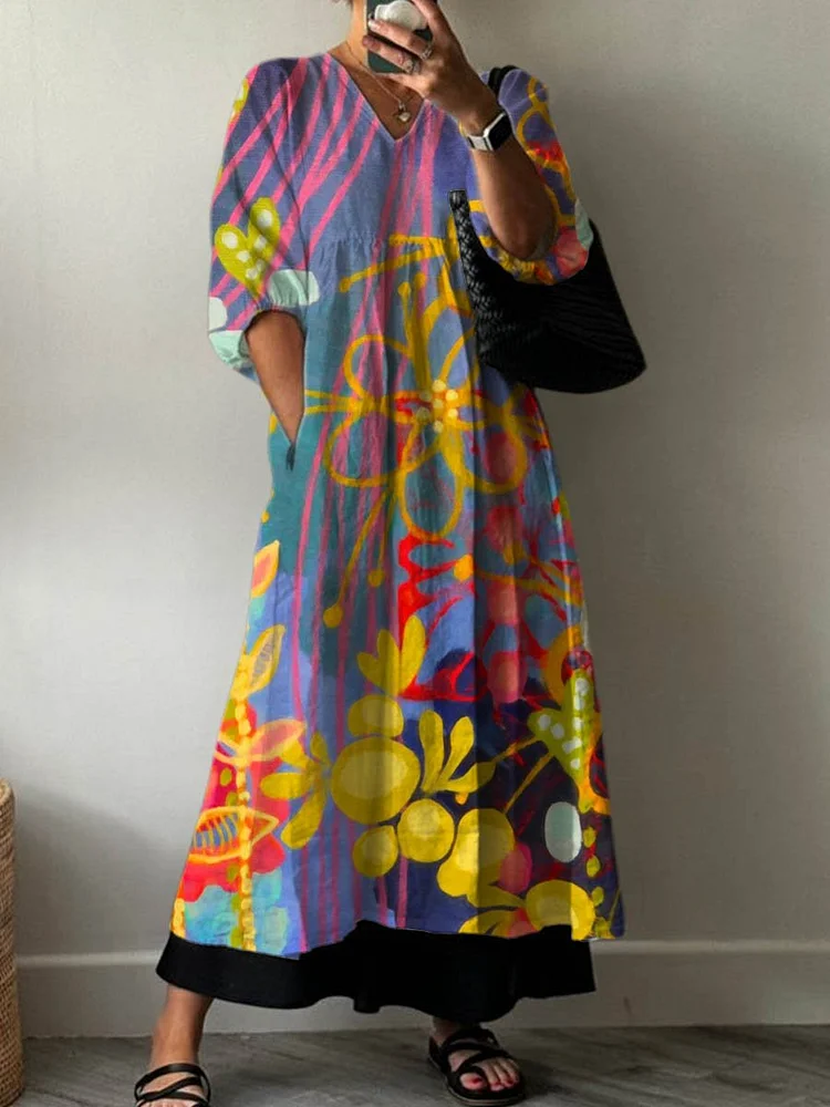Women's Lovely Floral Art Print Pocket V-neck Cotton Dress