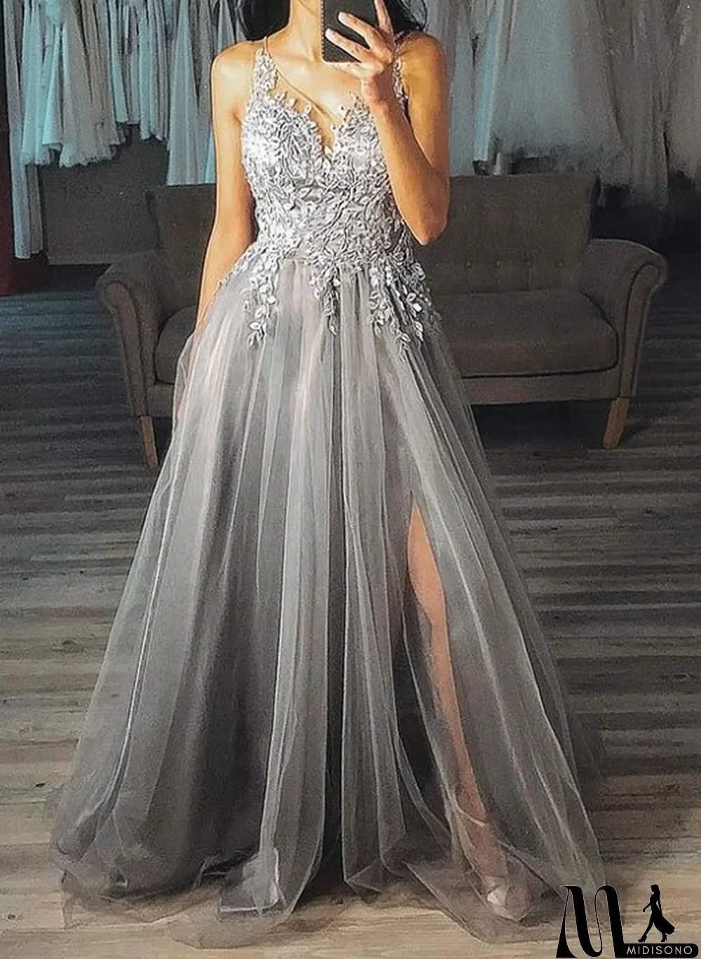 MidiSono - Grey Applique Mesh Evening Dress
