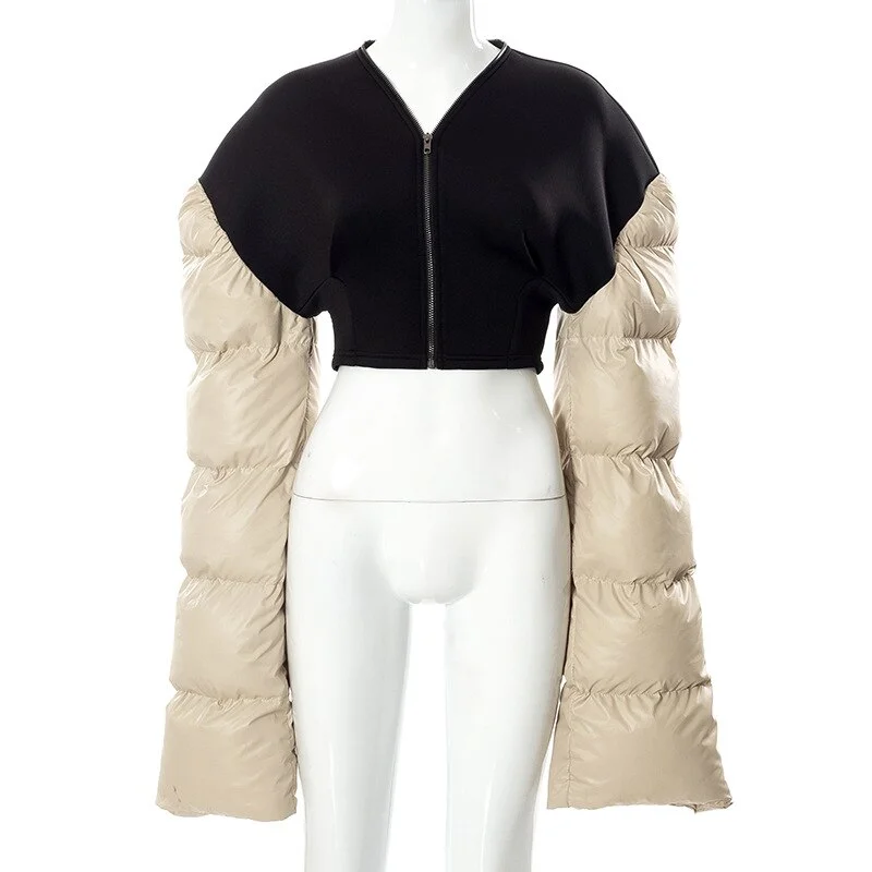 Women Puffer Coat Black Contrast Thicken Splicing Flare Sleeve Women Clothing  2023 New Fashion Warm Female Padded Jacket