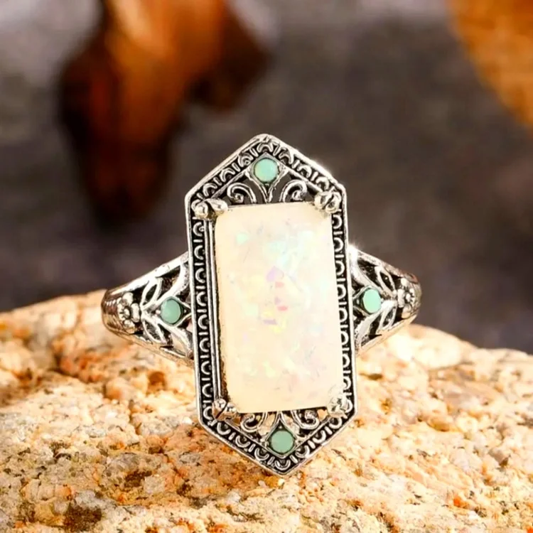 Olivenorma Square White Opal Antique Silver Ring