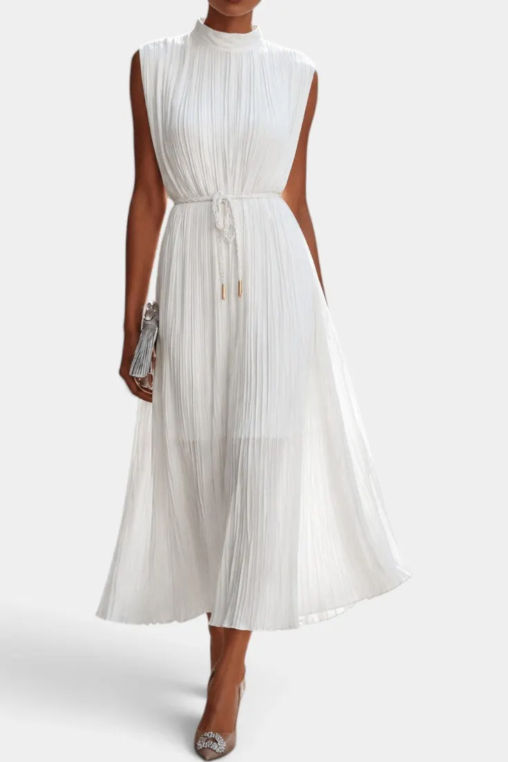 High Neck Pleated Midi Dress with Tie Waist