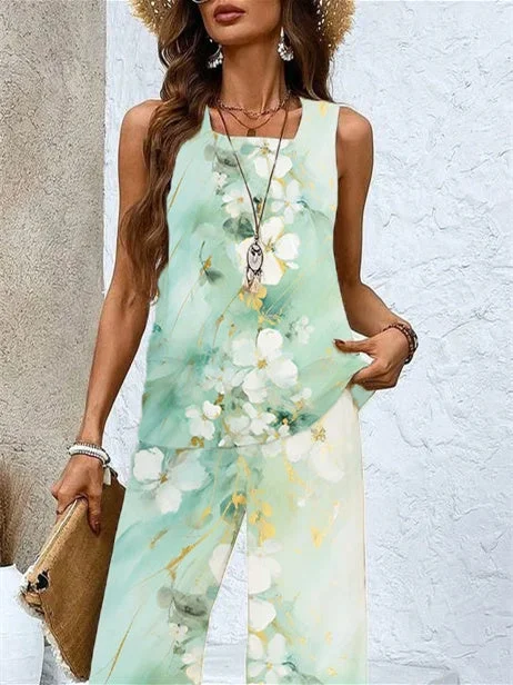 Women's Sleeveless Square Collar Floral Printed Casual Set