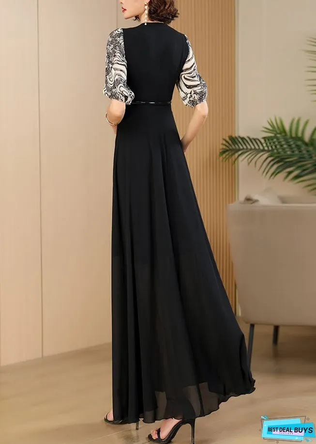 Vogue Black Print Patchwork High Waist Sashes Chiffon Maxi Dress Summer