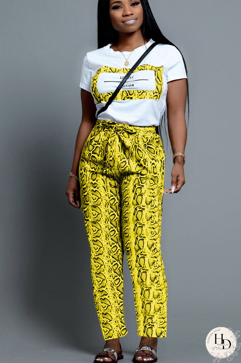 Yellow Polyester Casual Print Straight Short Sleeve Two-piece Pants Set