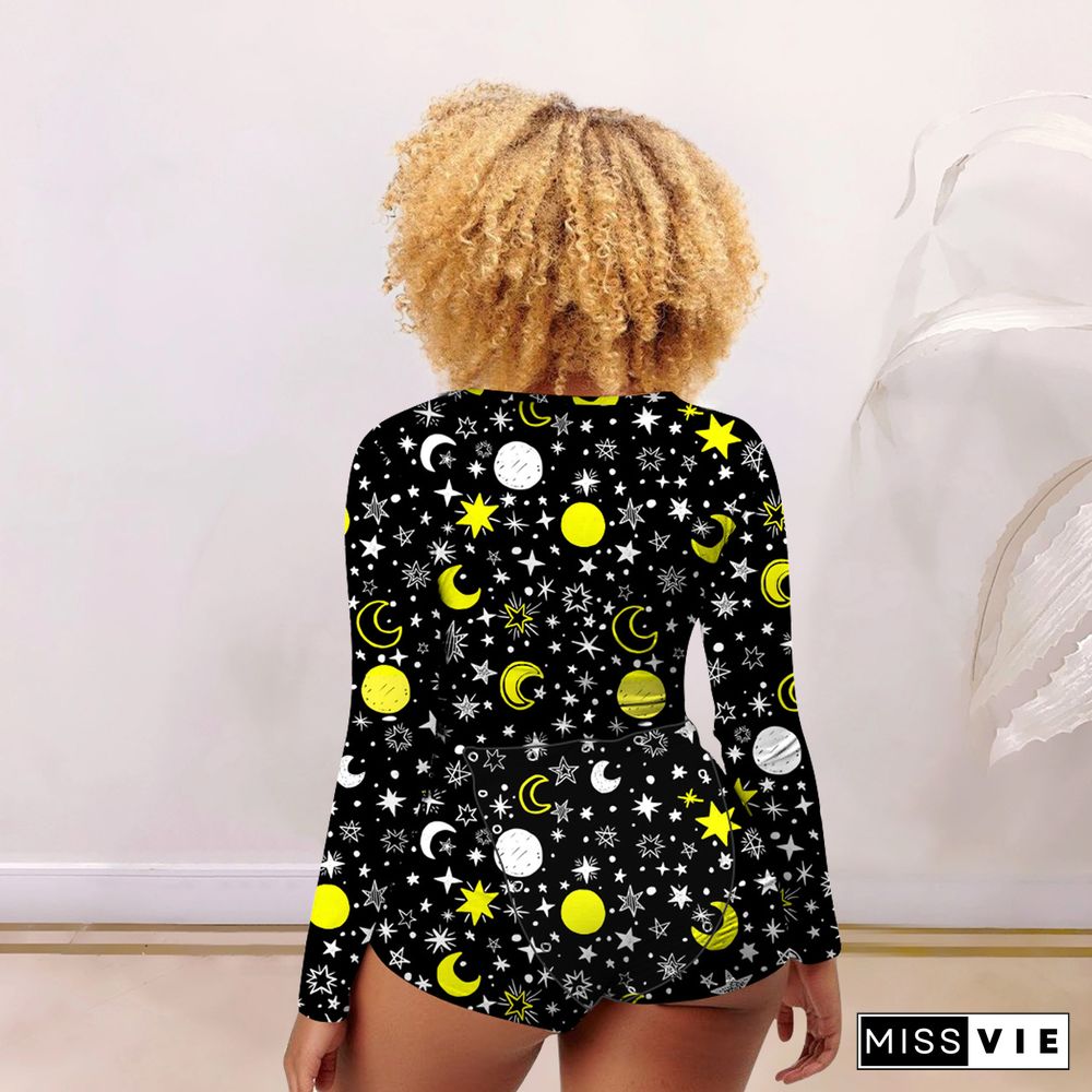 Button-Flap Home Print Jumpsuit