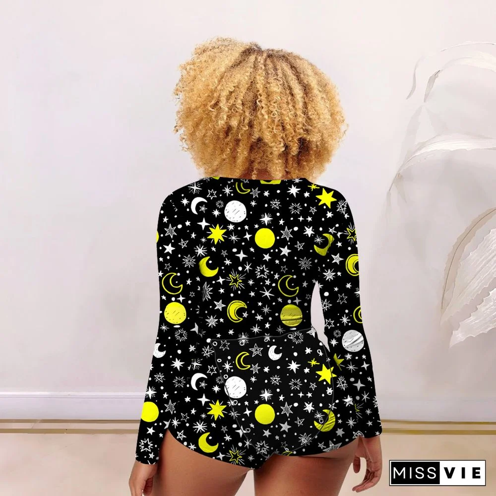 Button-Flap Home Print Jumpsuit