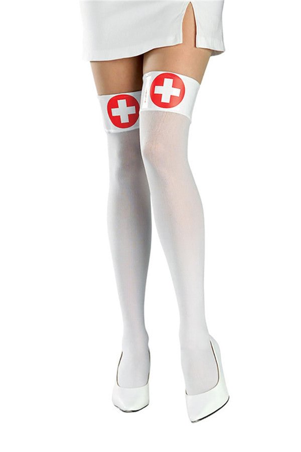 Sexy Doctor Nurse Knee High Stockings For Halloween Party White-elleschic