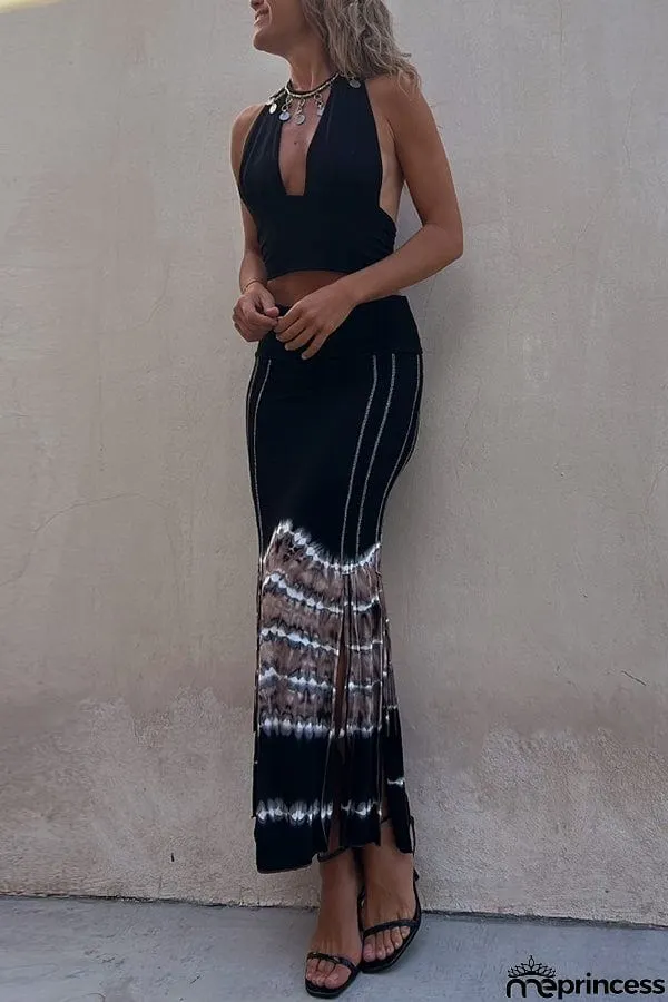 Wander Often Tie-dye Print Elastic Waistband Slit Stretch Maxi Skirt