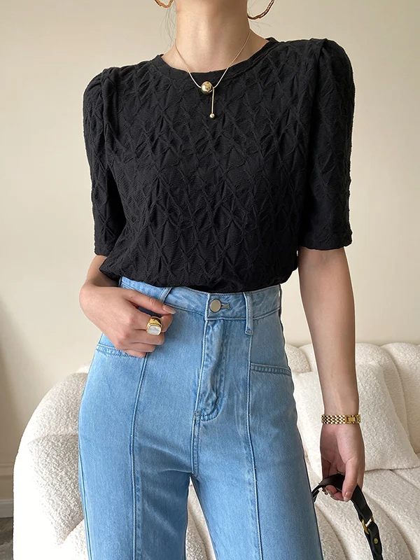 Original Pure Color Pleated Half Sleeves T-Shirt Top