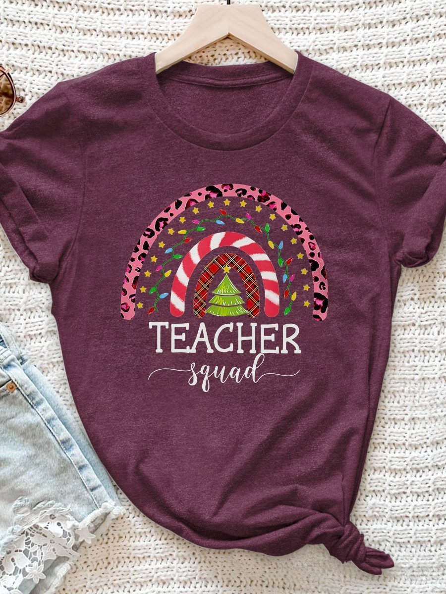 Christmas Tree Rainbow Teacher Squad Print Short Sleeve T-shirt