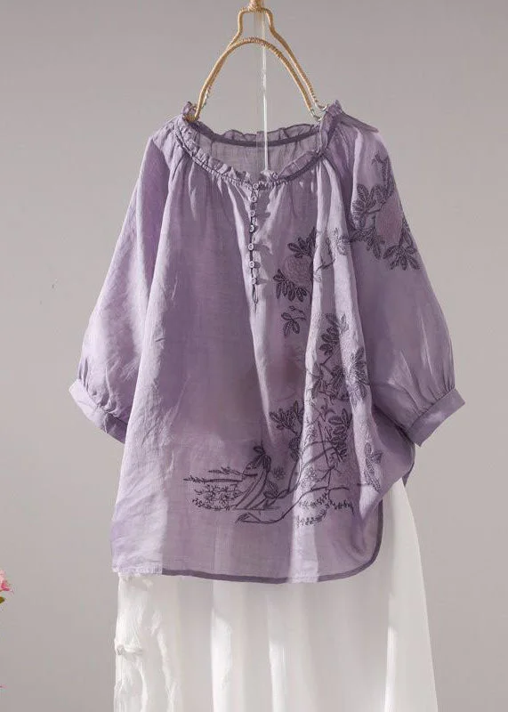 Beautiful Purple Embroideried Patchwork Linen T Shirt Top Summer