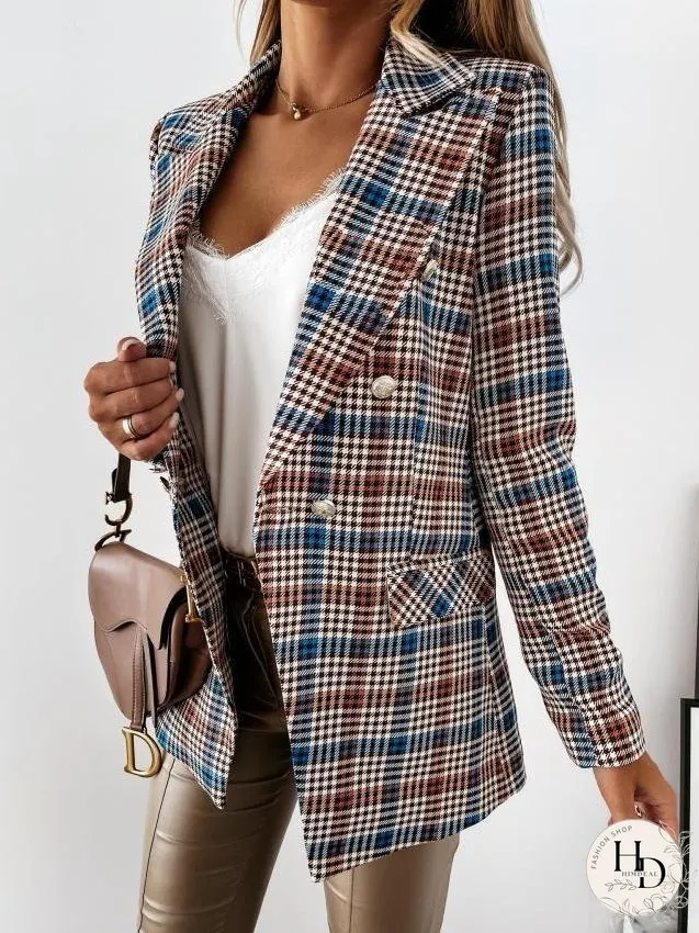 Blazers Lapel Check Pocket Button Blazer for Women