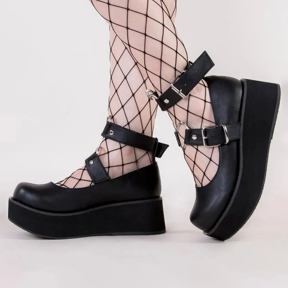 Black Round Toe Wedge Heel Ankle Strap Mary Jane Platform Shoes