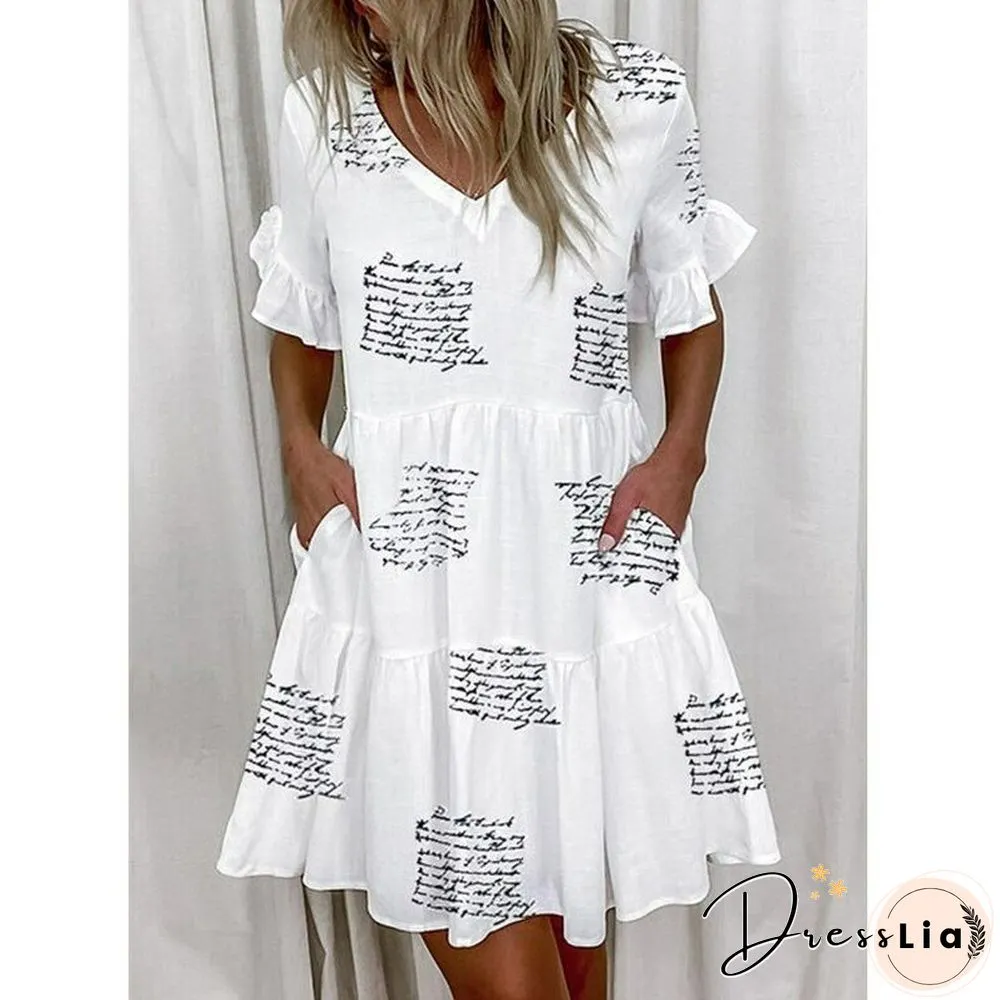 Printed Ruffle Pocket Dress Women Casual Loose Shoprt Sleeve Boho Vestidos Mujer