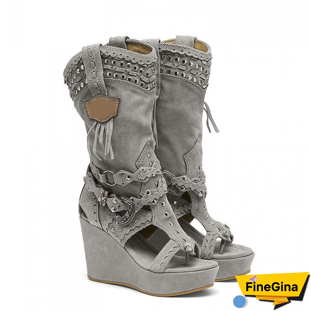 High Heels Ladies Ankle Boots Shoes Retro Canvas Cowboy Wedges Boots Women's Shoes Tailoring Sandals Women Mujer Sapato Feminino