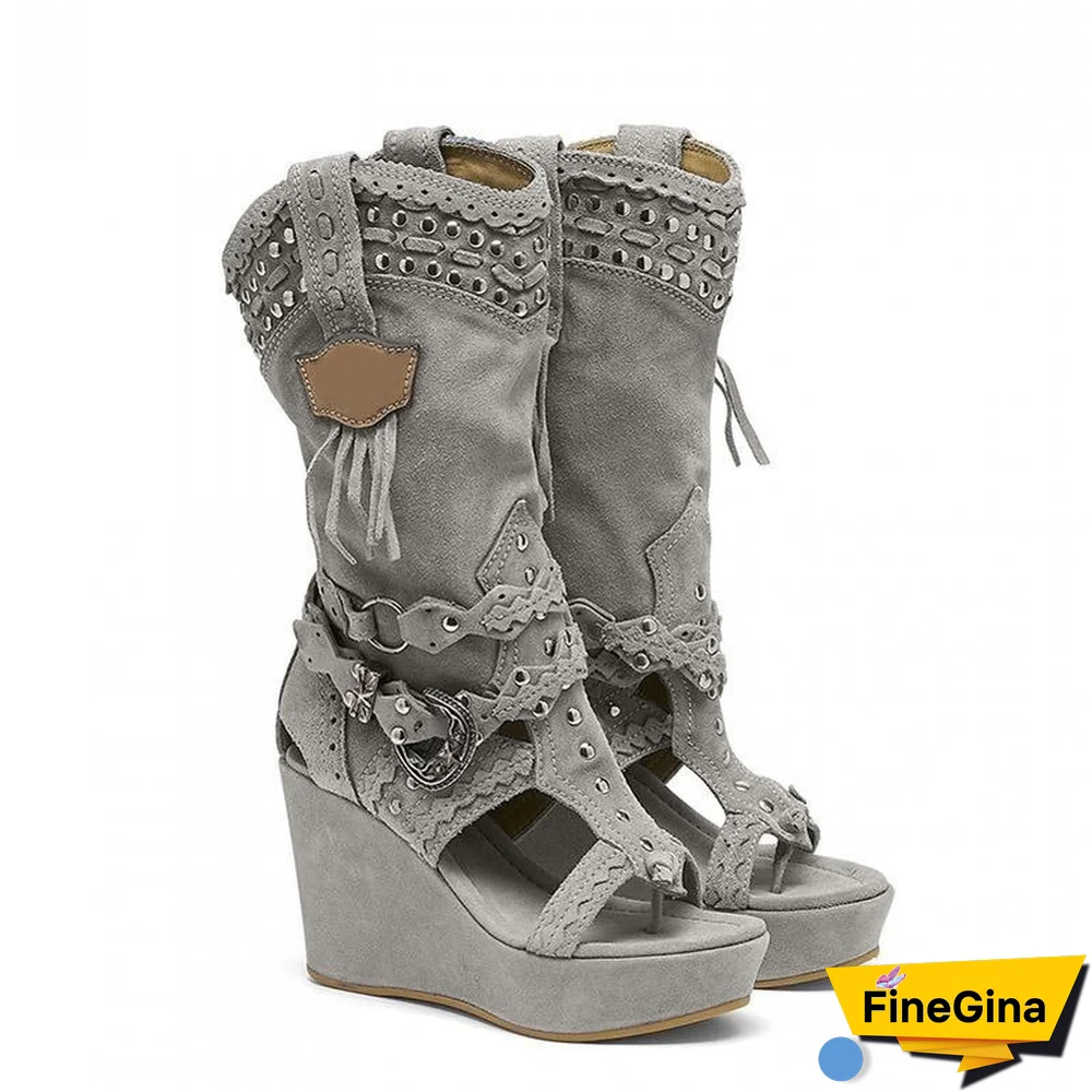 High Heels Ladies Ankle Boots Shoes Retro Canvas Cowboy Wedges Boots Women's Shoes Tailoring Sandals Women Mujer Sapato Feminino