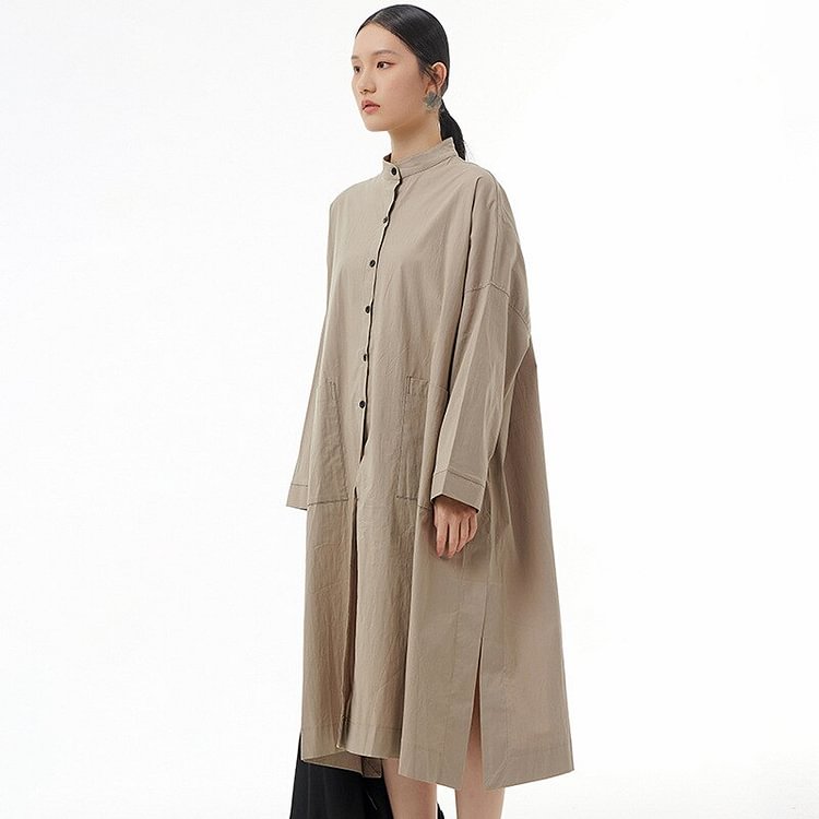 Casual Loose Solid Color Half Stand Collar Single-breasted Split Hem Long Sleeve Dress 