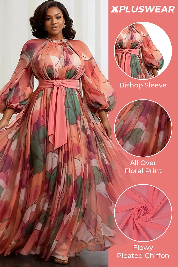 Xpluswear Design Plus Size Wedding Guest Multicolor Floral Round Neck Lantern Sleeve Long Sleeve Pleated Chiffon Maxi Dresses [Pre-Order]