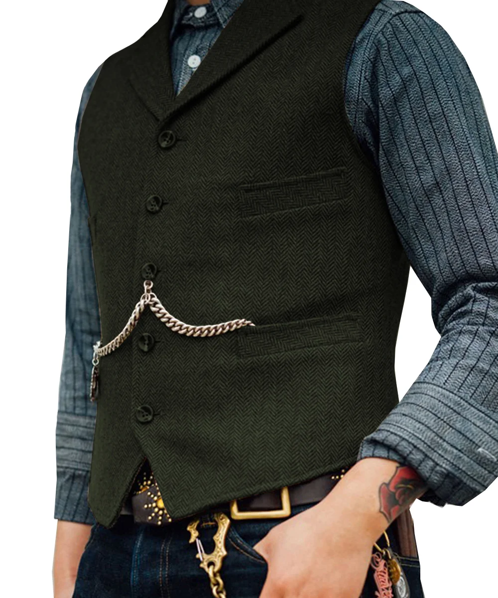 Men's Lapel V Neck Wool Herringbone Casual Waistcoat Formal Groomsman Business Suit Vest For Wedding
