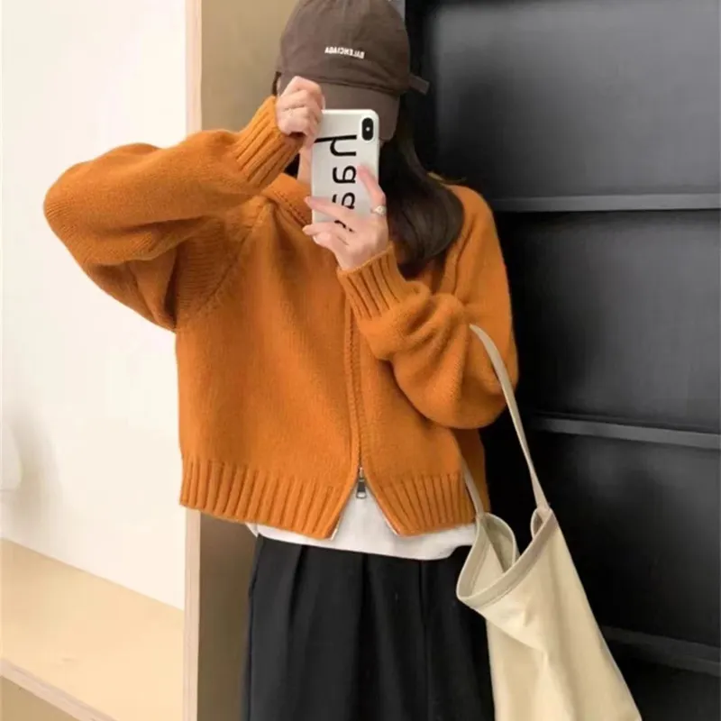 Churchf Churchf Style Multi-Color Hooded Double Zipper Knit Cardigan Women's New Short Hair Sweater Hoodie Autumn And Winter Small Coat
