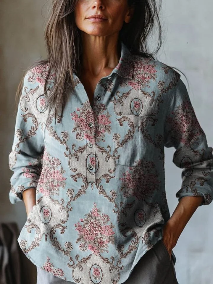 Women's Vintage Lovely Floral Art Print Casual Cotton And Linen Shirt