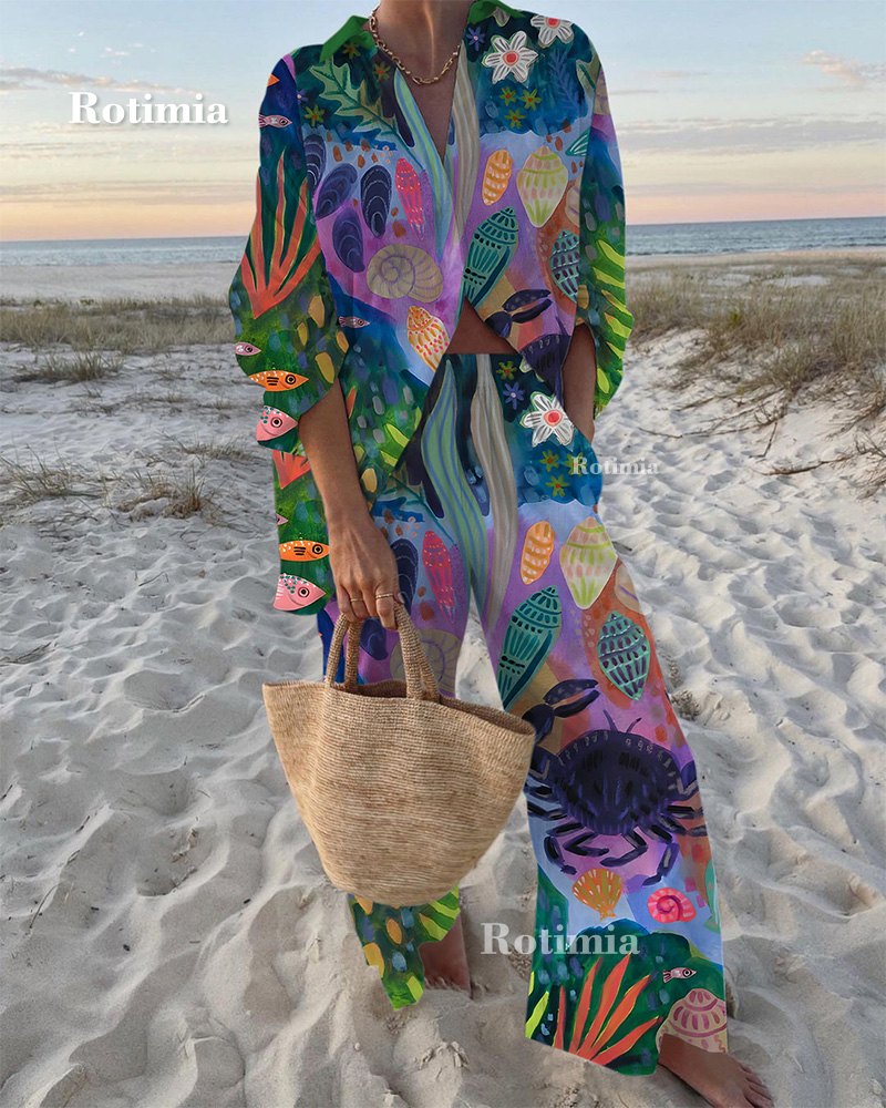 Underwater Paradise Print Shirt & Pants Two-Piece Set