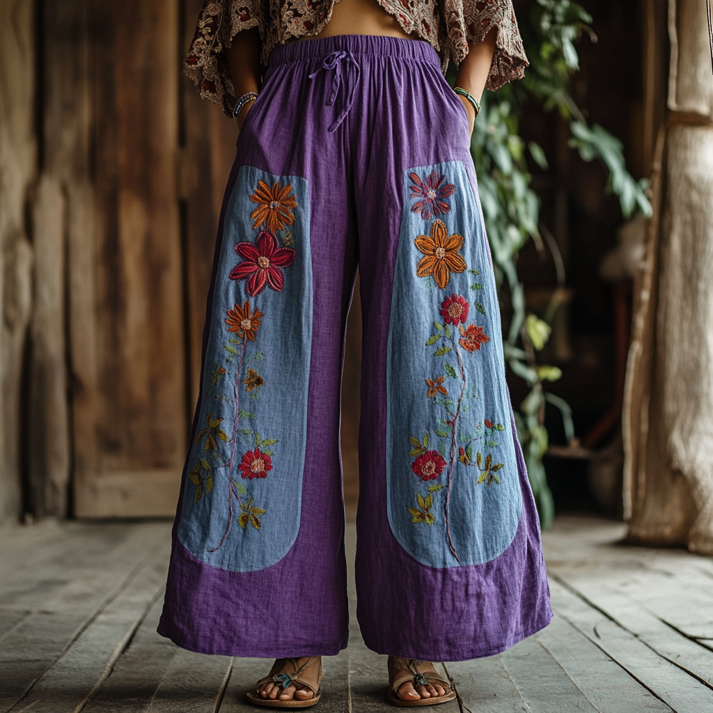Bohemian Holiday Style Bohemian Floral Print Linen Long Loose Wide-leg Pants