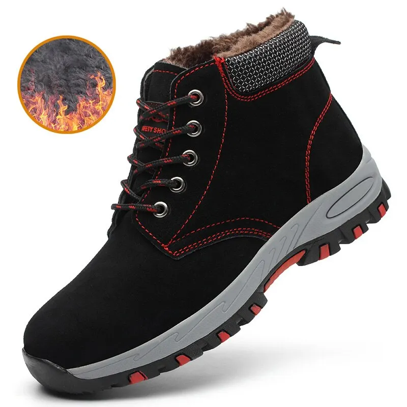Men's Winter Boots Steel Toe Safety Work Shoes Men Water-Proof Puncture-Proof Suede Leather Work Boots Plush Warm Safety Shoes