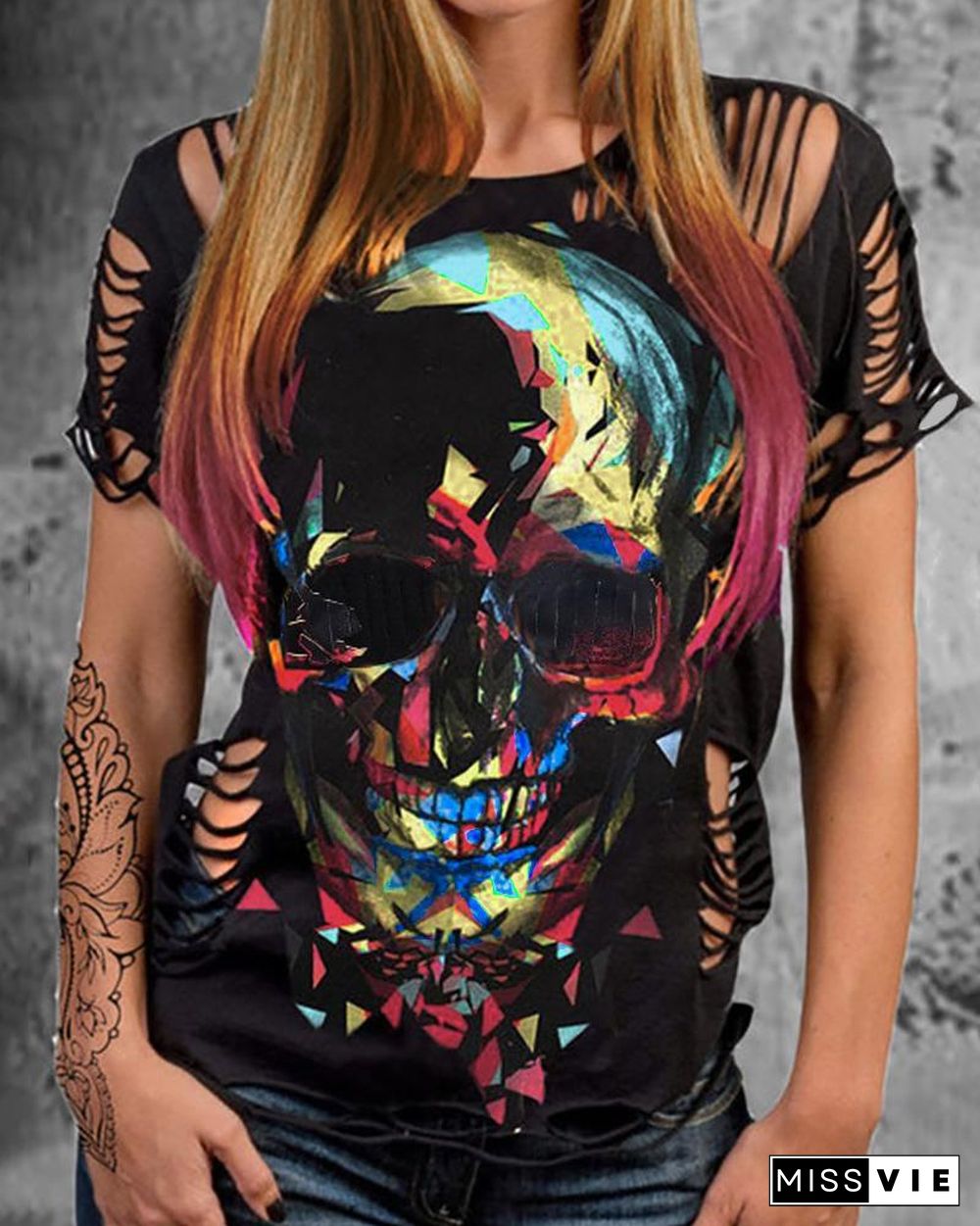 Skull Print Colorblock Cutout T-shirt P14821