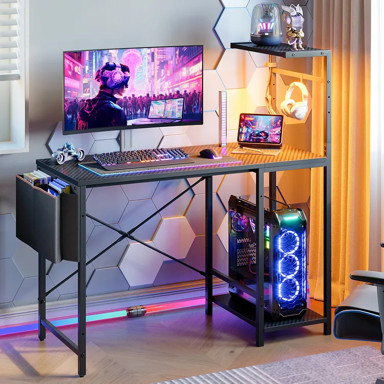 Bestier Gaming Desk with LED Lights, 44'' Computer Desk with Reversible Shelves, PC Gamer Desk with Side Storage Bag, Hooks and Height Adjustable Shelf for Home Office