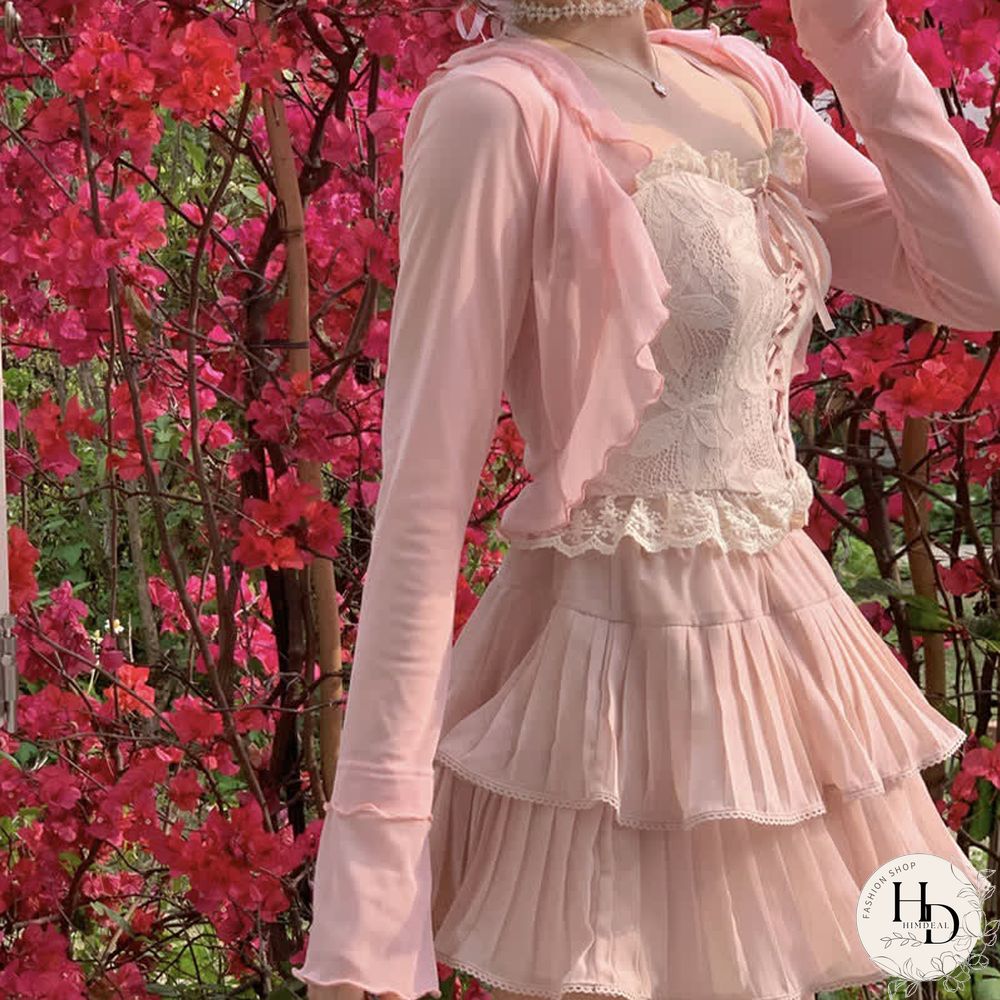 Pure Color Cardigan Lace-up Lace Corset Top Layered Mini Skirt