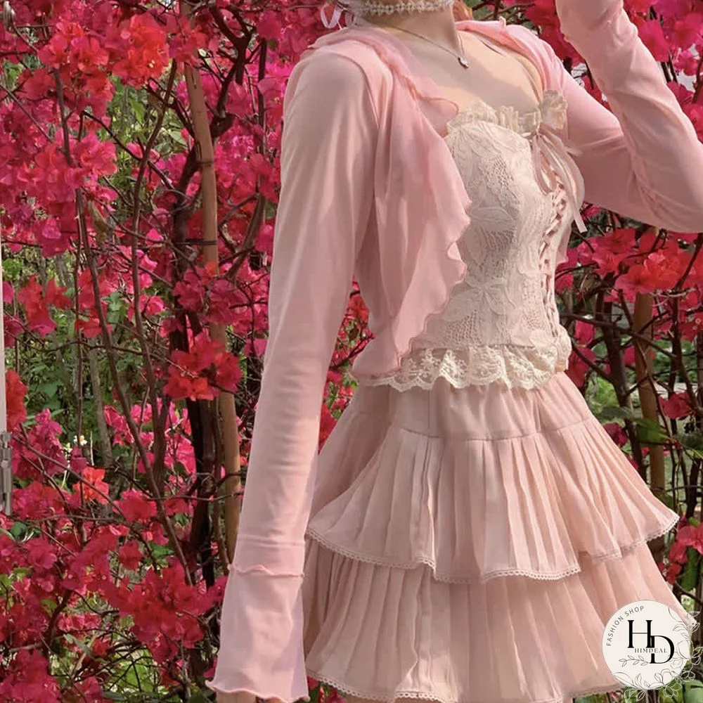 Pure Color Cardigan Lace-up Lace Corset Top Layered Mini Skirt