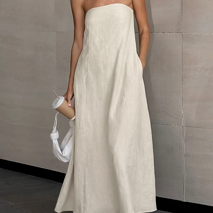 Vacation Cotton-Linen Solid Sheath Backless Maxi Dress