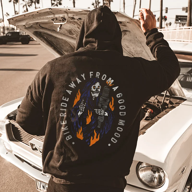 UPRANDY Bike Ride Away From A Good Mood Skull Printed Men's Hoodie -  UPRANDY