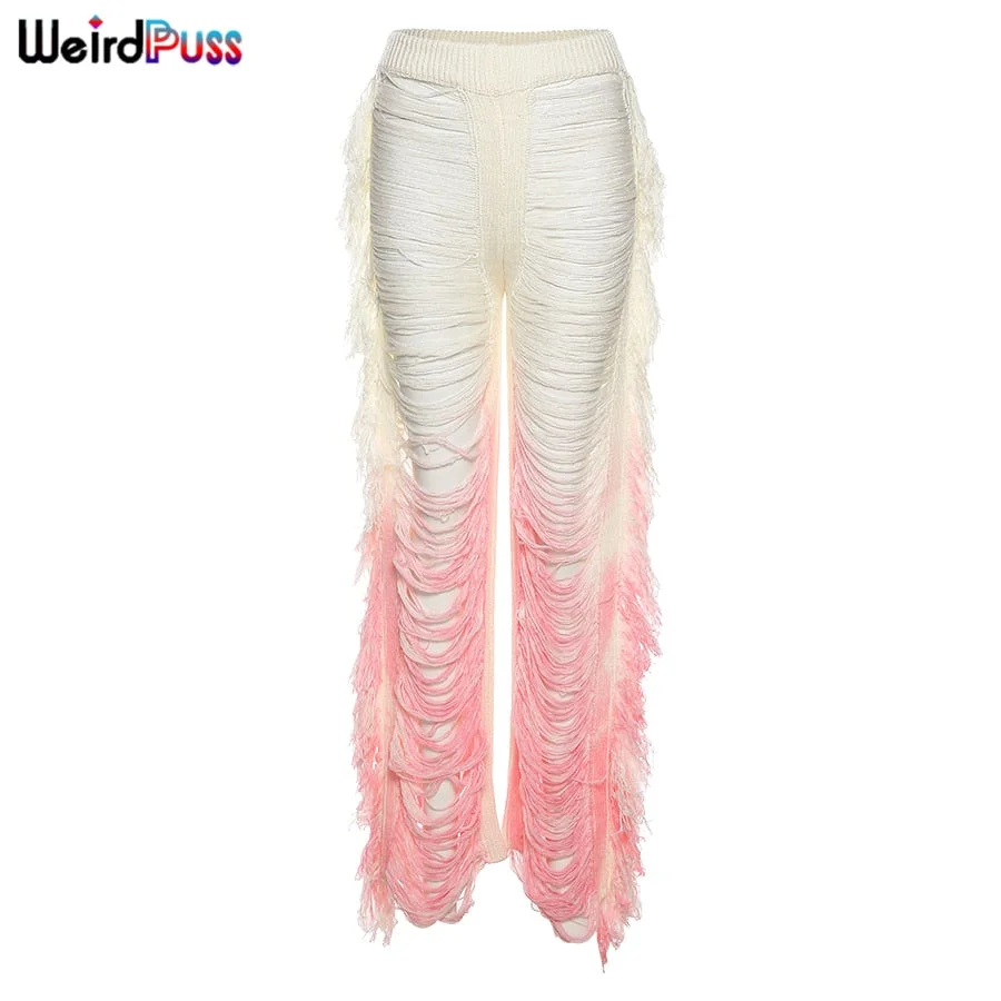 Weird Puss Ripped Side Tassel Straight Pants Women Sexy Gradient Trend Loose Party Hipster Skinny Street High Waist Trousers