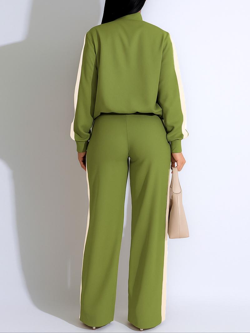 Two-piece Set Women's Patchwork Top & Wide Leg Pants Set, Casual Long Sleeve Outerwear & Pants for Daily Wear, Ladies Summer Clothes