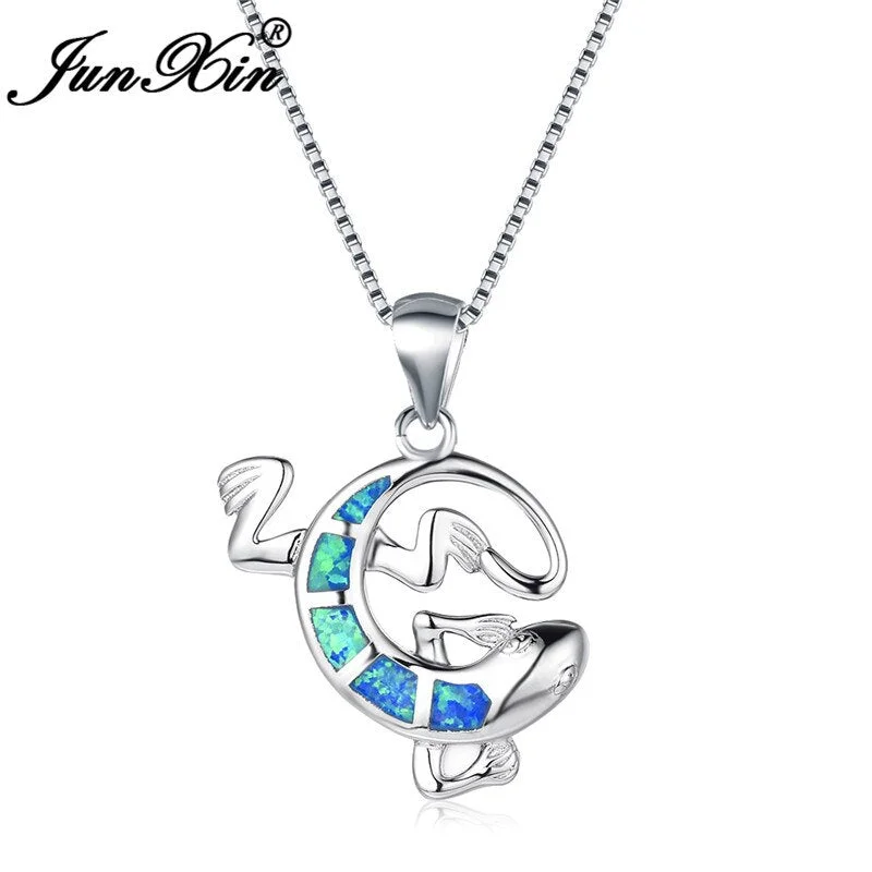Boho Female Gecko Animal Pendant Necklace Fashion Silver Color Choker Chain Necklace Blue Fire Opal Necklace For Women