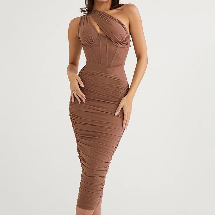 Sexy Slanted Shoulder Sleeveless Pleated Party Elegant Fashion Bodycon Dress
