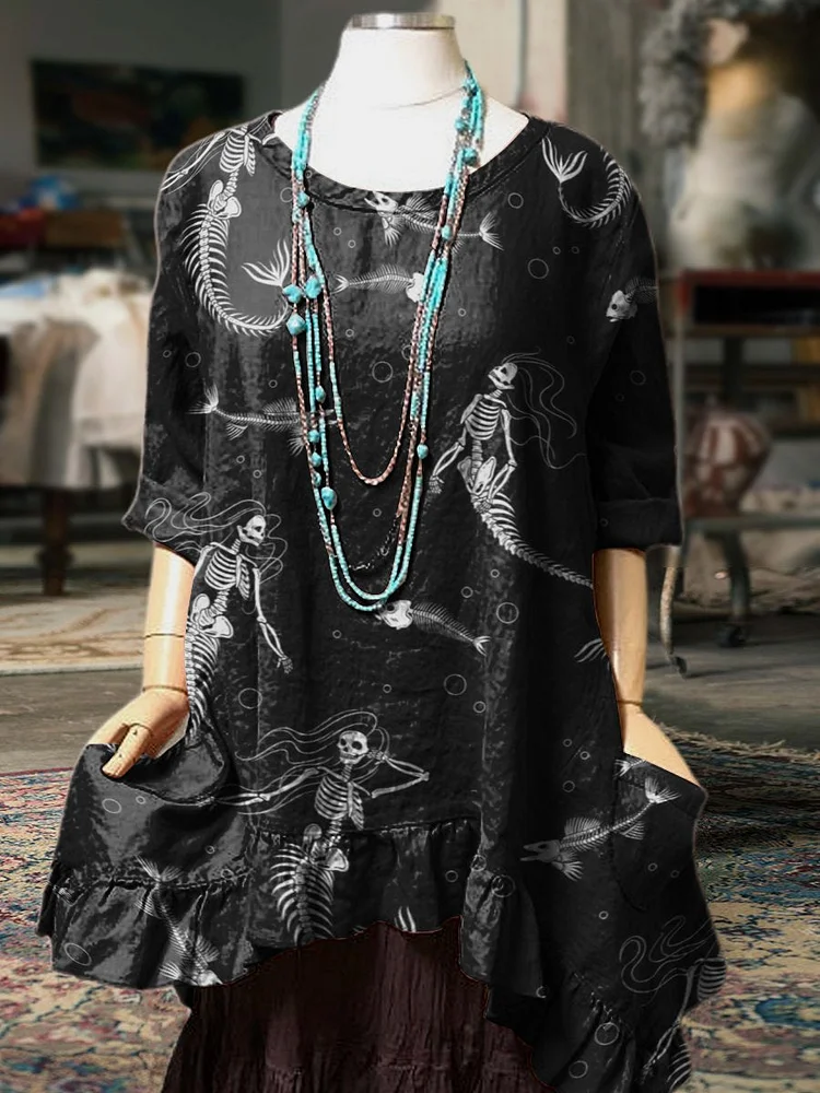 Strange Mermaid Skull Decorative Pattern Pocket Cotton Dress