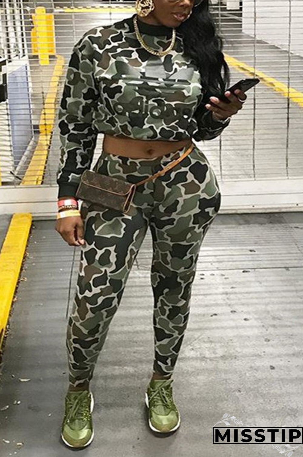Light Green Fashion Camouflage Casual Two-Piece Set