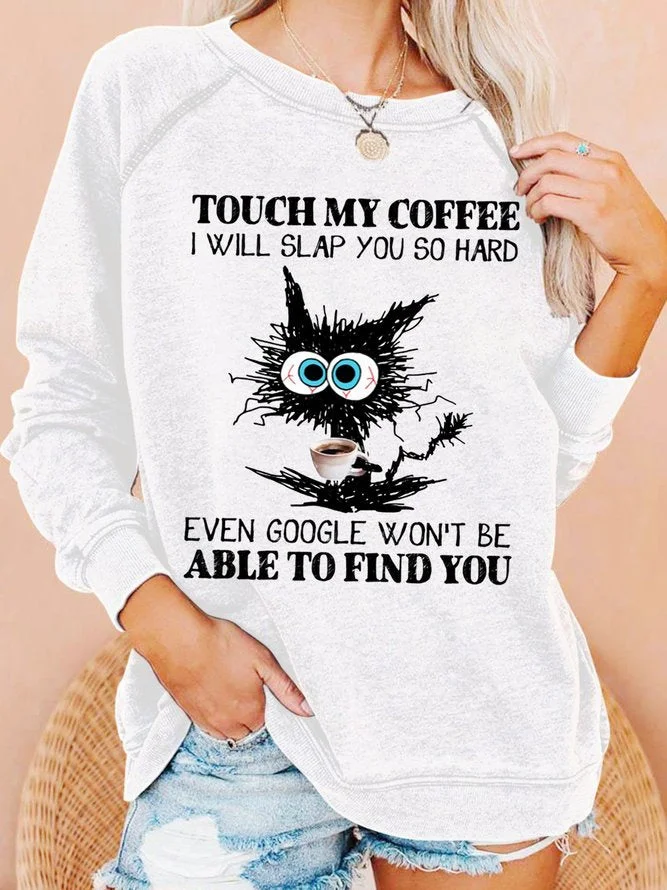 Womens Funny Coffee Crazy Black Cat Crew Neck Sweatshirt