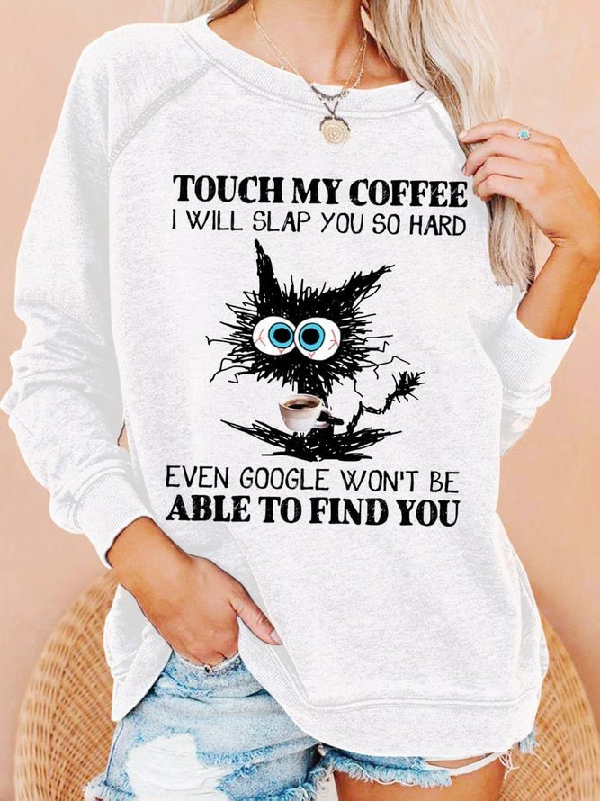 Womens Funny Coffee Crazy Black Cat Crew Neck Sweatshirt