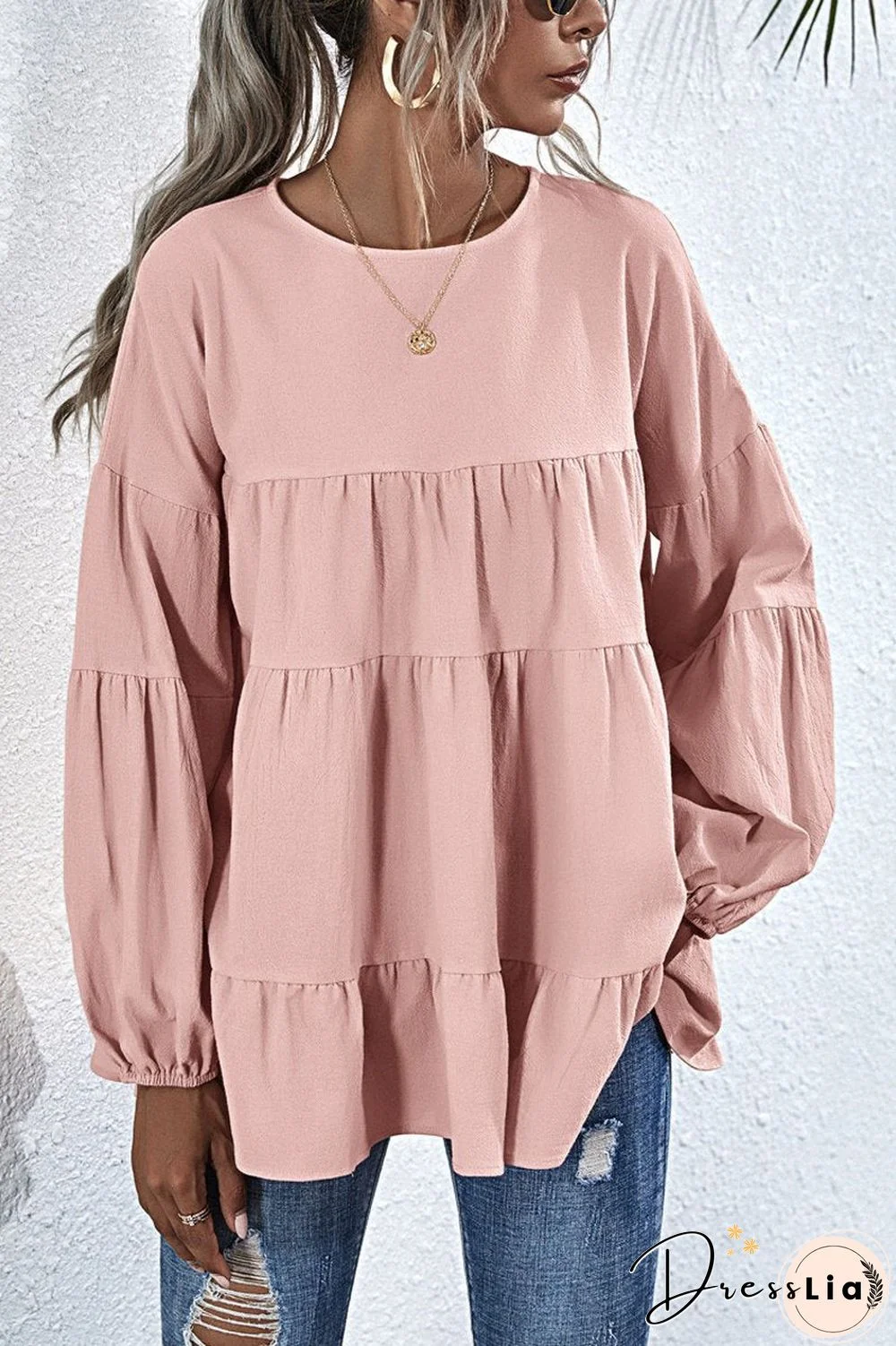 Solid Color Lantern Sleeve Casual Top