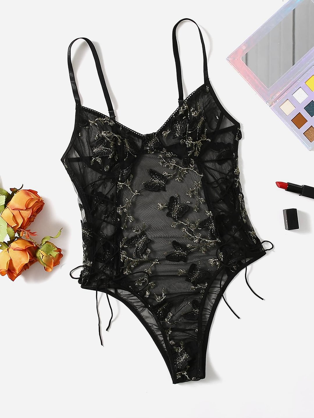 Embroidered Mesh Lace-up Teddy Bodysuit