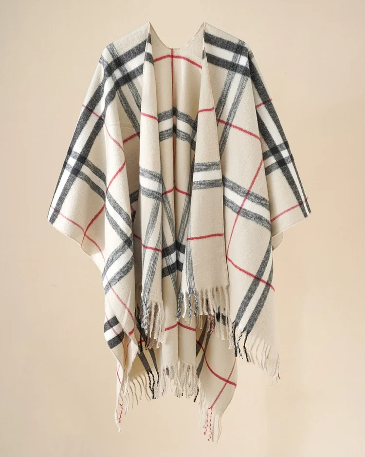 Women's luxury plaid cape shawl