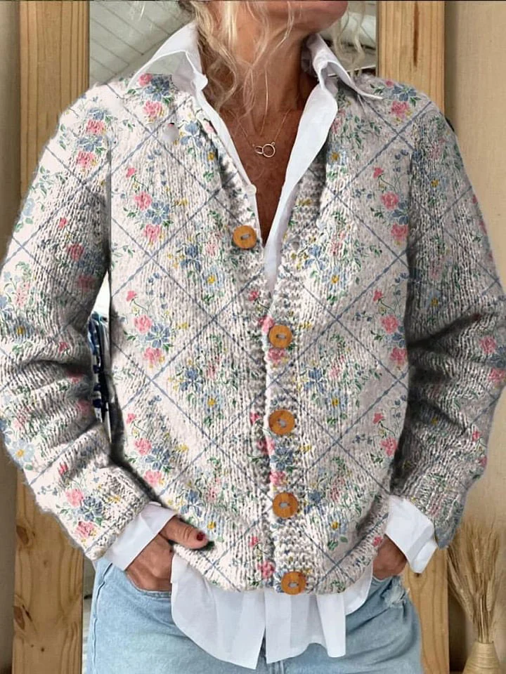 Diamond-shaped Flowers Print Buttoned Cardigan Sweater