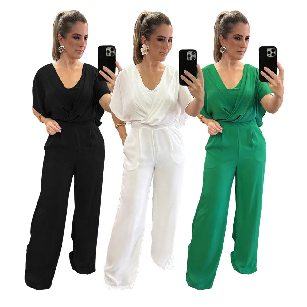 Summer V-neck Solid Color Temperament High Waist Straight Casual Jumpsuit | IFYHOME